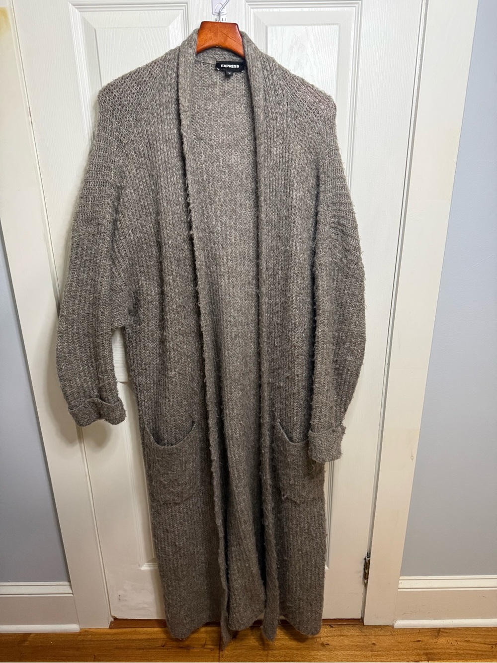 Express Taupe Gray Long Duster Cardigan Sweater Sz L